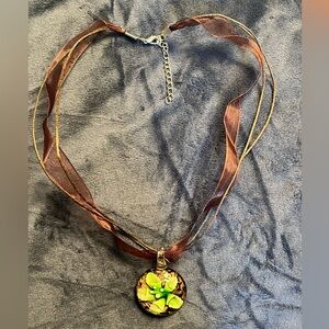 Necklace/brown ribbon, handmade glass pendant, NWOT